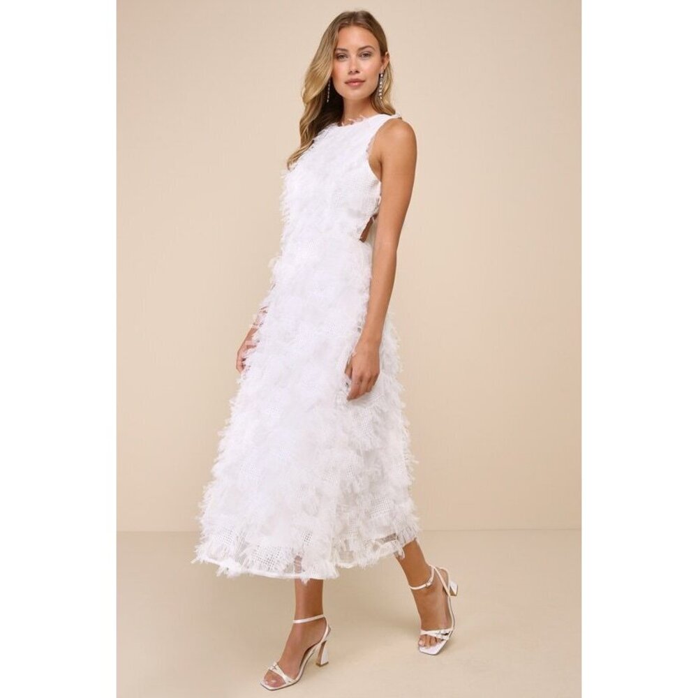 White Feathered Midi Dress for Women